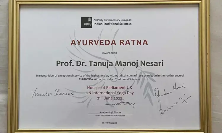 All India Institute of Ayurvedas Director Dr Tanuja Nesari conferred Ayurveda Ratna Award from UK Parliament