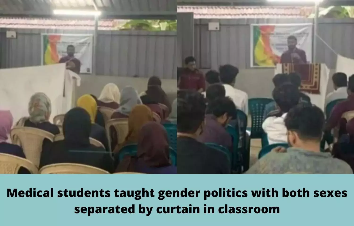 Medical students taught gender politics with both sexes separated by curtain in classroom