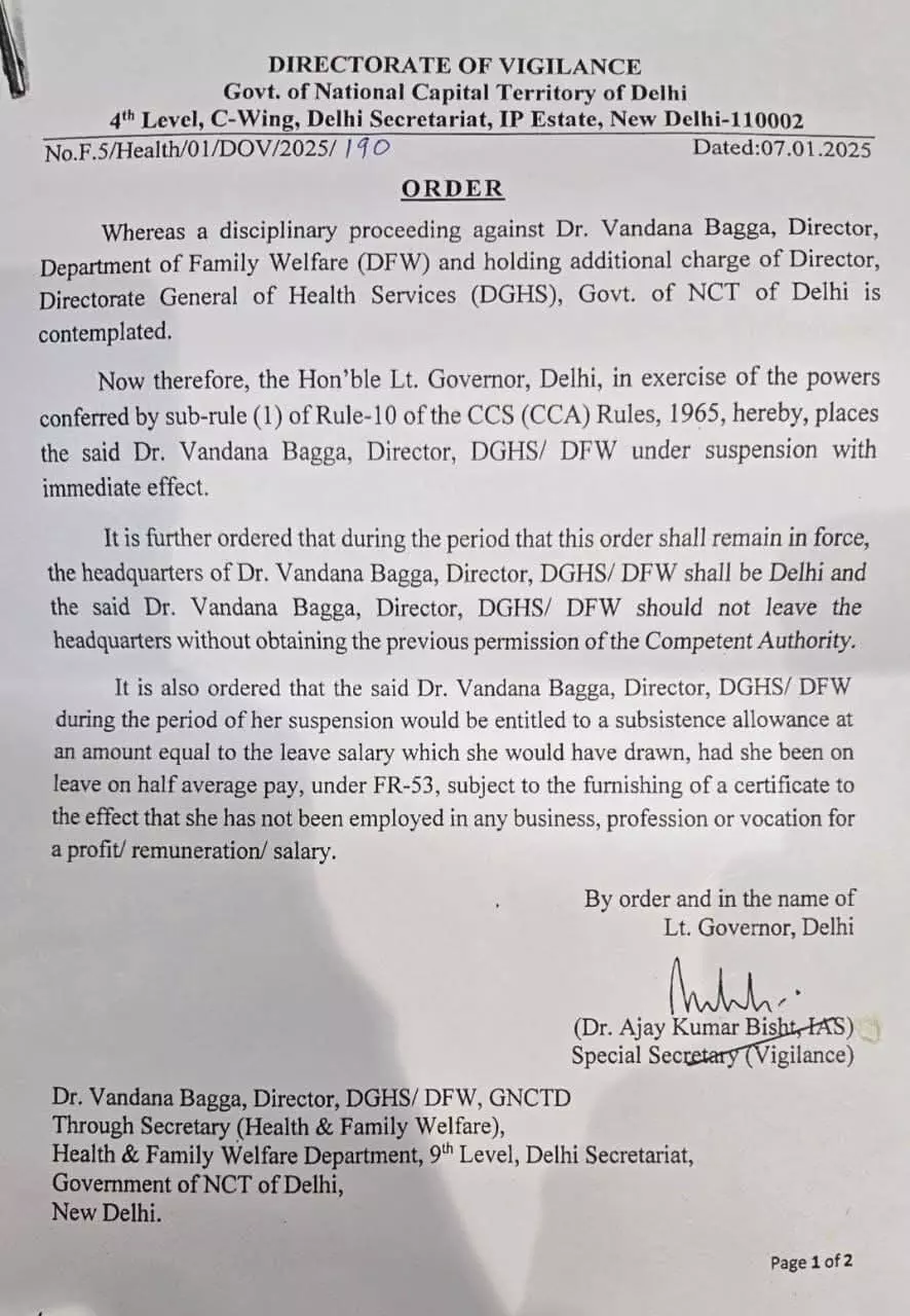 Delhi Governor Orders Suspension of Top Health Department Official 