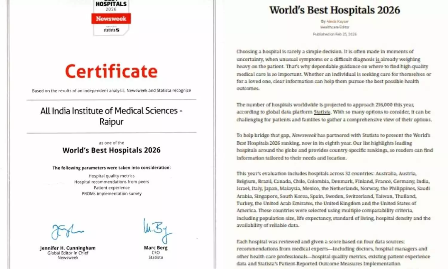 AIIMS Raipur ranked sixth among Indias Best Hospitals in Newsweek 2026 list